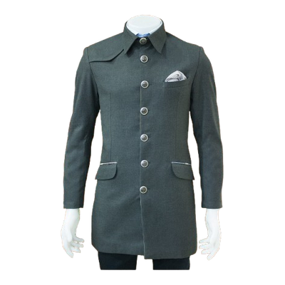 Leswears-charcoal-military-coat-silver-buttons-pocket-square